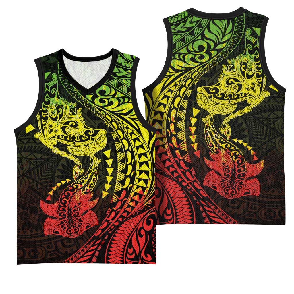 Hawaiian Manta Ray and Hammerhead Shark Tribal Tattoo Basketball Jersey with Polynesian Tribal Pattern Reggae Style LT03 - Polynesian Pride