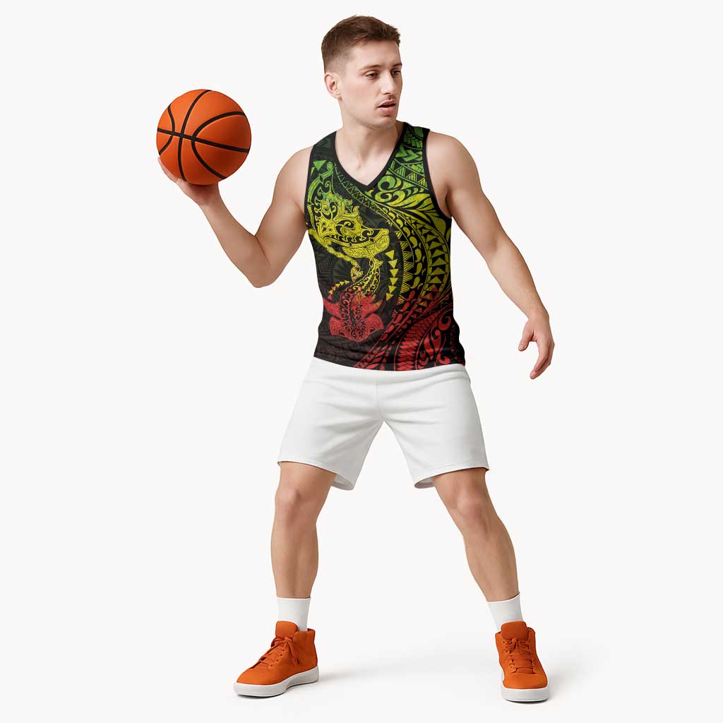 Hawaiian Manta Ray and Hammerhead Shark Tribal Tattoo Basketball Jersey with Polynesian Tribal Pattern Reggae Style LT03 - Polynesian Pride
