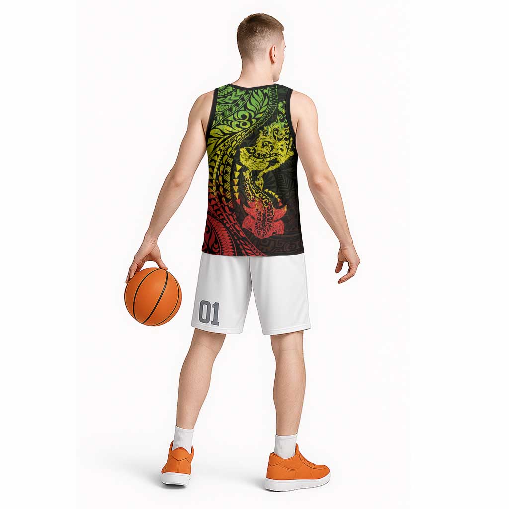 Hawaiian Manta Ray and Hammerhead Shark Tribal Tattoo Basketball Jersey with Polynesian Tribal Pattern Reggae Style LT03 - Polynesian Pride