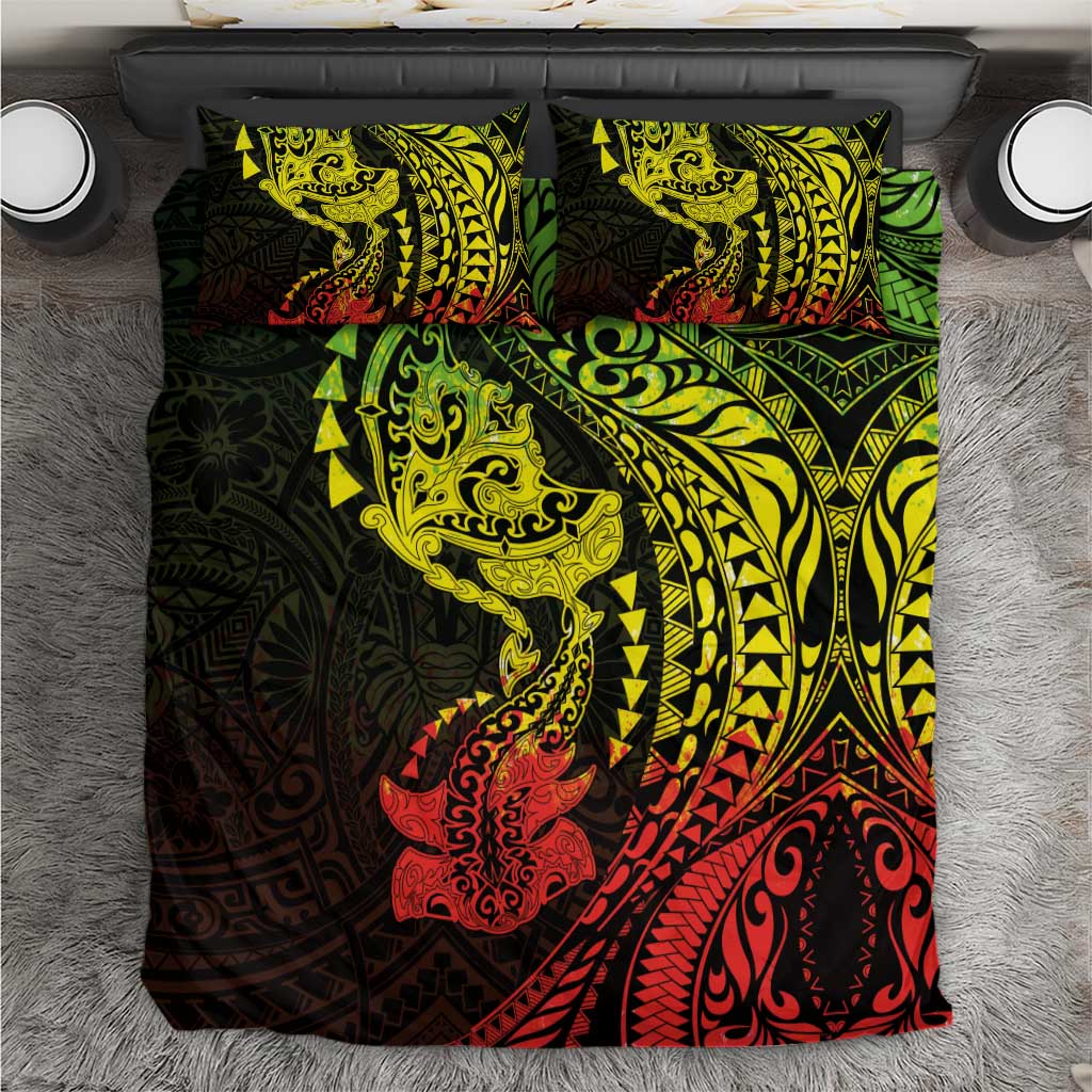 Hawaiian Manta Ray and Hammerhead Shark Tribal Tattoo Bedding Set with Polynesian Tribal Pattern Reggae Style
