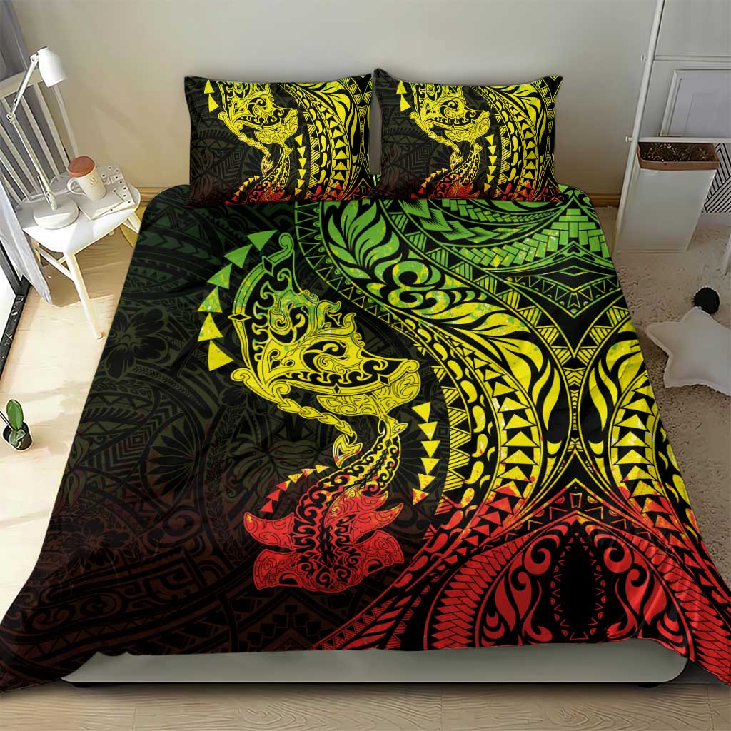 Hawaiian Manta Ray and Hammerhead Shark Tribal Tattoo Bedding Set with Polynesian Tribal Pattern Reggae Style