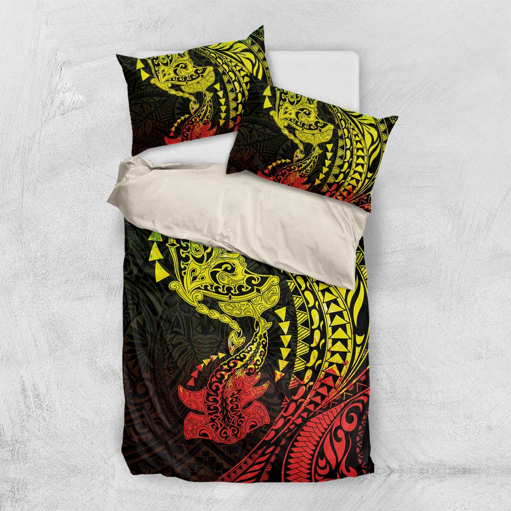Hawaiian Manta Ray and Hammerhead Shark Tribal Tattoo Bedding Set with Polynesian Tribal Pattern Reggae Style