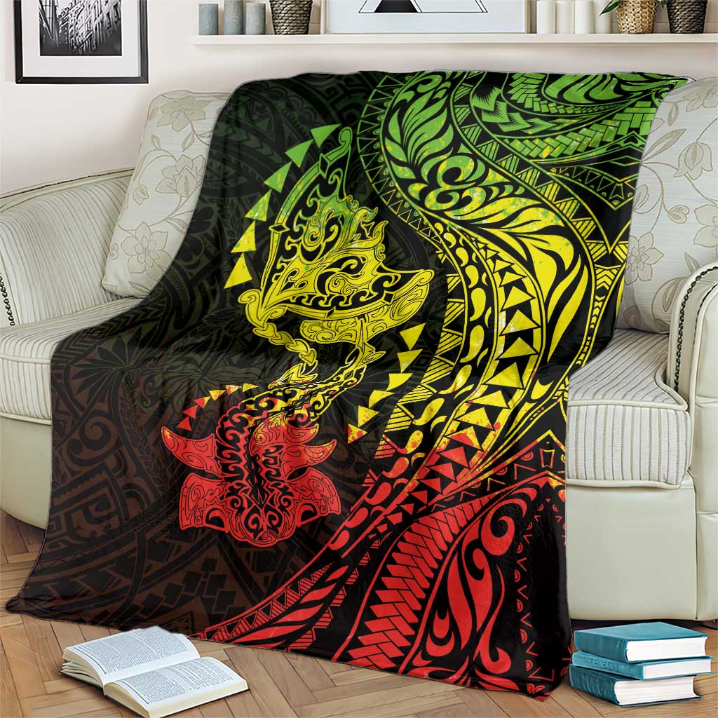 Hawaiian Manta Ray and Hammerhead Shark Tribal Tattoo Blanket with Polynesian Tribal Pattern Reggae Style
