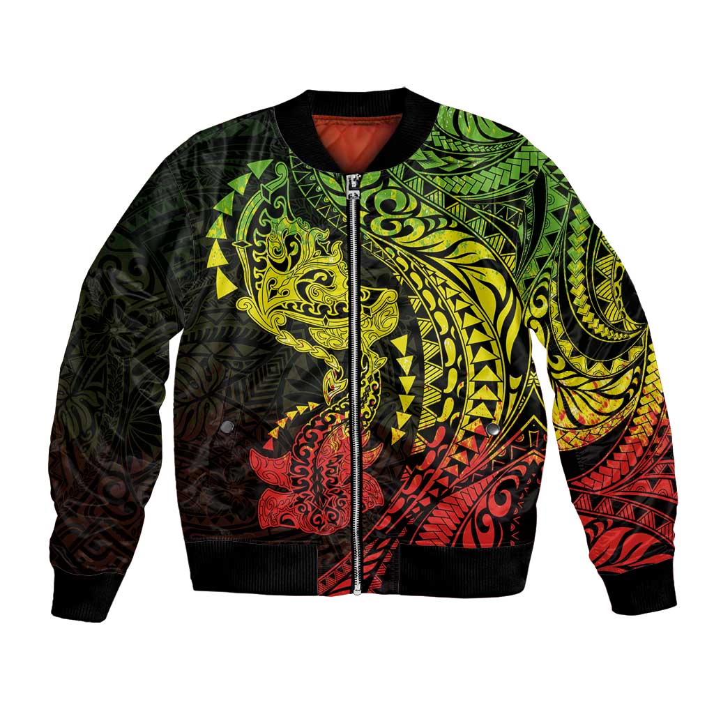 Hawaiian Manta Ray and Hammerhead Shark Tribal Tattoo Bomber Jacket with Polynesian Tribal Pattern Reggae Style
