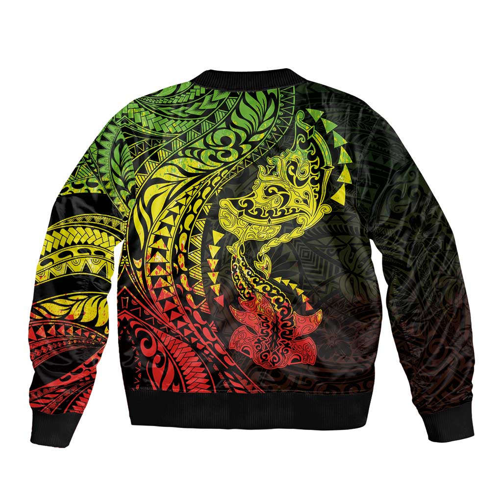Hawaiian Manta Ray and Hammerhead Shark Tribal Tattoo Bomber Jacket with Polynesian Tribal Pattern Reggae Style