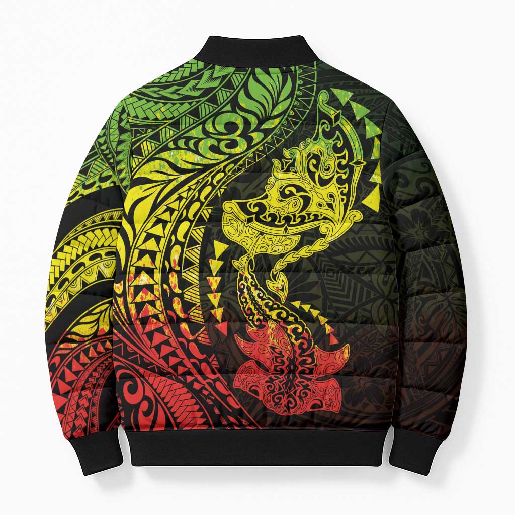 Hawaiian Manta Ray and Hammerhead Shark Tribal Tattoo Bomber Puffer Jacket with Polynesian Tribal Pattern Reggae Style