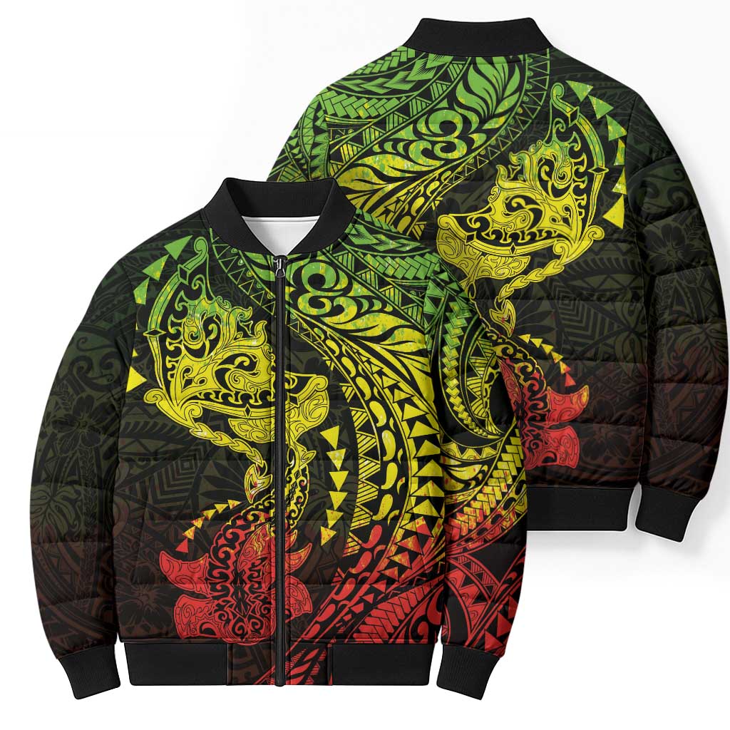 Hawaiian Manta Ray and Hammerhead Shark Tribal Tattoo Bomber Puffer Jacket with Polynesian Tribal Pattern Reggae Style