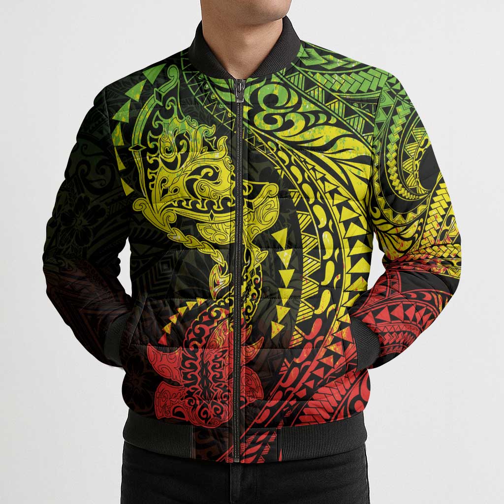 Hawaiian Manta Ray and Hammerhead Shark Tribal Tattoo Bomber Puffer Jacket with Polynesian Tribal Pattern Reggae Style