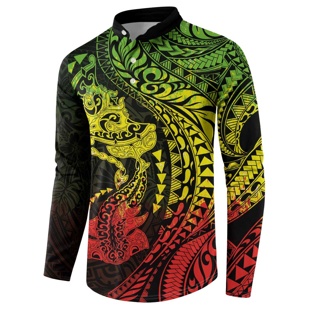 Hawaiian Manta Ray and Hammerhead Shark Tribal Tattoo Button Sweatshirt with Polynesian Tribal Pattern Reggae Style