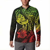 Hawaiian Manta Ray and Hammerhead Shark Tribal Tattoo Button Sweatshirt with Polynesian Tribal Pattern Reggae Style