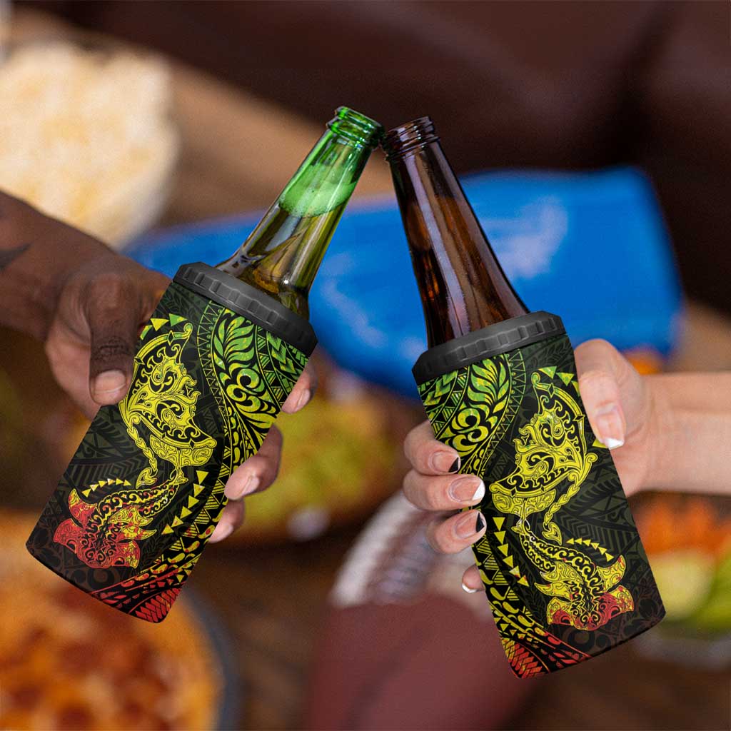 Hawaiian Manta Ray and Hammerhead Shark Tribal Tattoo 4 in 1 Can Cooler Tumbler with Polynesian Tribal Pattern Reggae Style