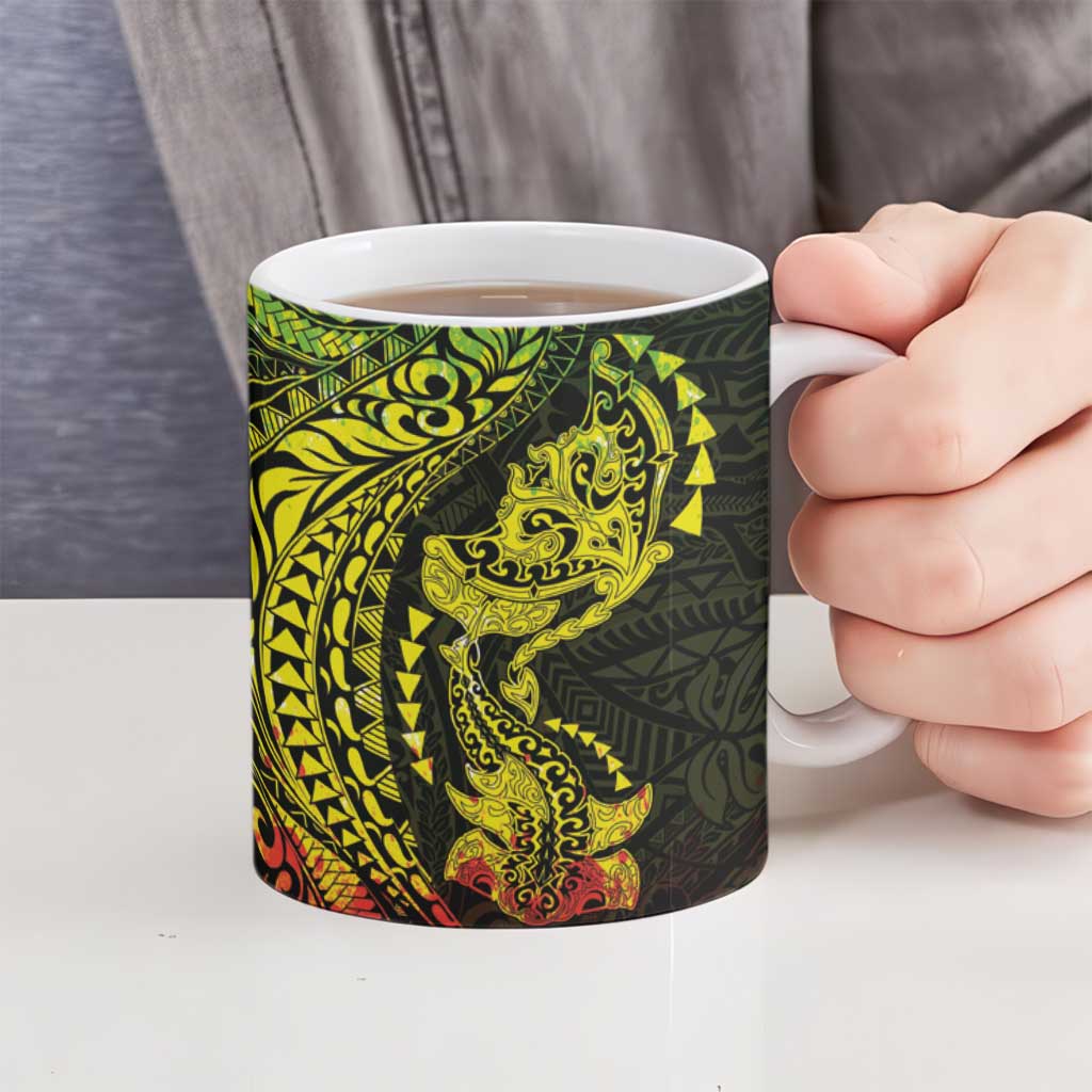 Hawaiian Manta Ray and Hammerhead Shark Tribal Tattoo Ceramic Mug with Polynesian Tribal Pattern Reggae Style