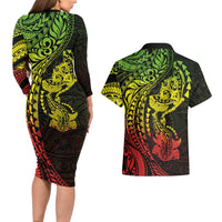 Hawaiian Manta Ray and Hammerhead Shark Tribal Tattoo Couples Matching Long Sleeve Bodycon Dress and Hawaiian Shirt with Polynesian Tribal Pattern Reggae Style