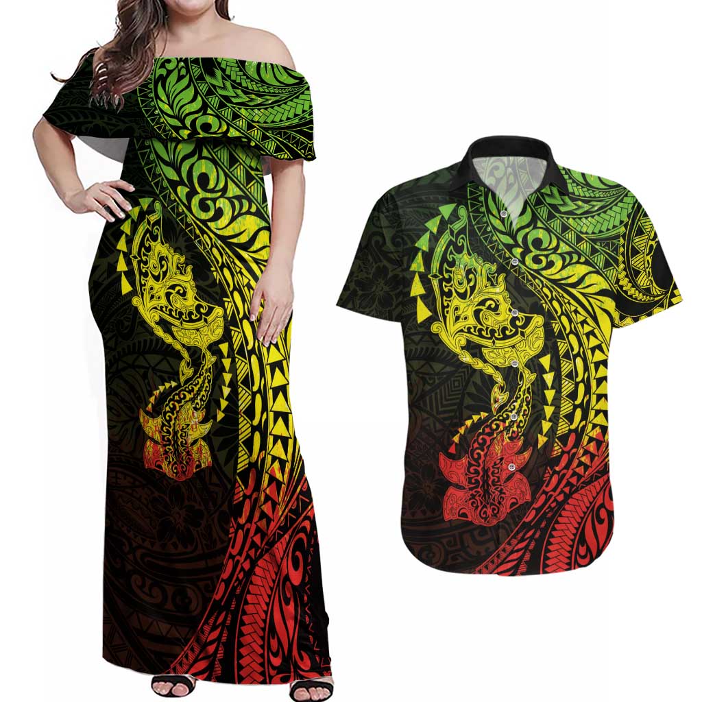 Hawaiian Manta Ray and Hammerhead Shark Tribal Tattoo Couples Matching Off Shoulder Maxi Dress and Hawaiian Shirt with Polynesian Tribal Pattern Reggae Style