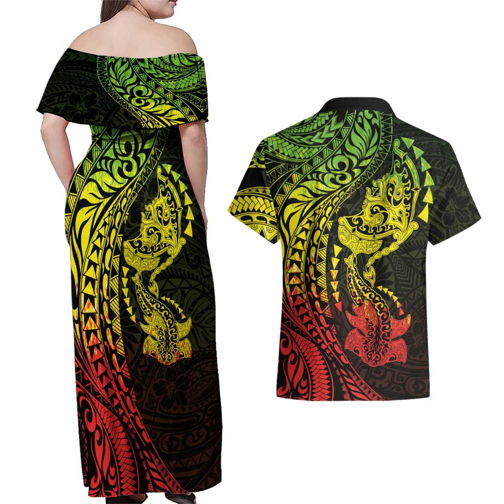 Hawaiian Manta Ray and Hammerhead Shark Tribal Tattoo Couples Matching Off Shoulder Maxi Dress and Hawaiian Shirt with Polynesian Tribal Pattern Reggae Style