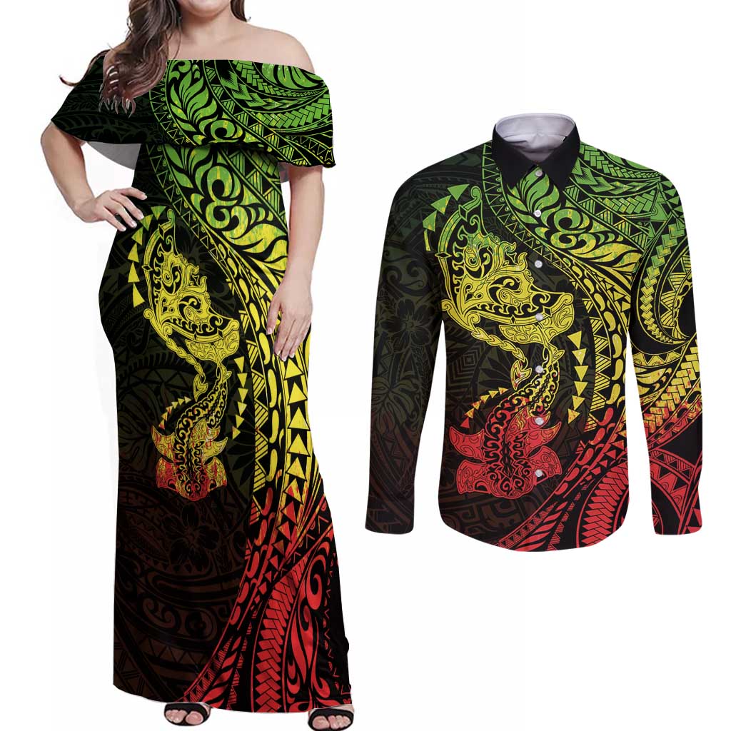 Hawaiian Manta Ray and Hammerhead Shark Tribal Tattoo Couples Matching Off Shoulder Maxi Dress and Long Sleeve Button Shirt with Polynesian Tribal Pattern Reggae Style