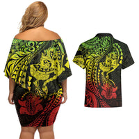Hawaiian Manta Ray and Hammerhead Shark Tribal Tattoo Couples Matching Off Shoulder Short Dress and Hawaiian Shirt with Polynesian Tribal Pattern Reggae Style