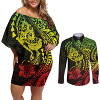 Hawaiian Manta Ray and Hammerhead Shark Tribal Tattoo Couples Matching Off Shoulder Short Dress and Long Sleeve Button Shirt with Polynesian Tribal Pattern Reggae Style