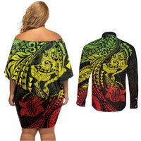 Hawaiian Manta Ray and Hammerhead Shark Tribal Tattoo Couples Matching Off Shoulder Short Dress and Long Sleeve Button Shirt with Polynesian Tribal Pattern Reggae Style