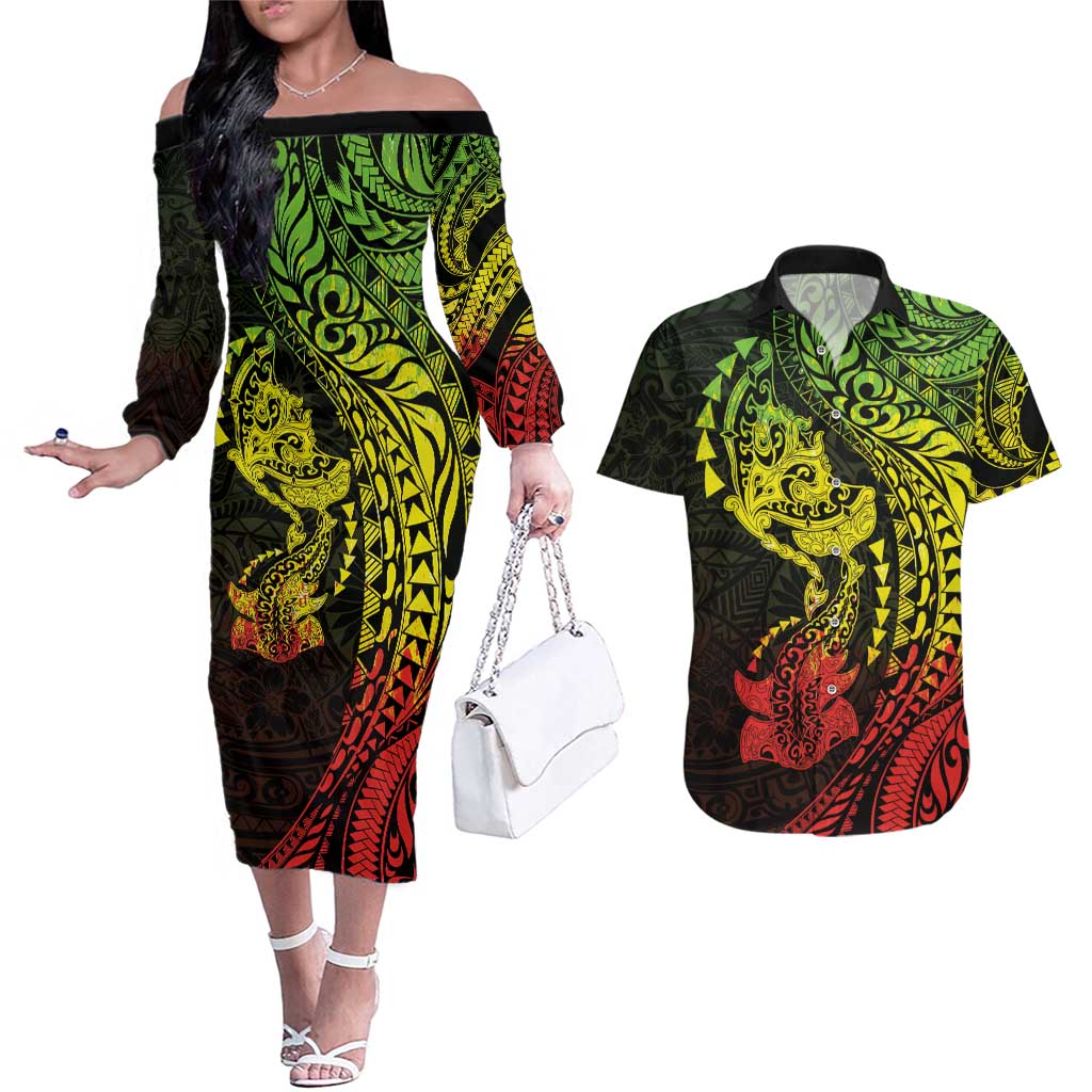 Hawaiian Manta Ray and Hammerhead Shark Tribal Tattoo Couples Matching Off The Shoulder Long Sleeve Dress and Hawaiian Shirt with Polynesian Tribal Pattern Reggae Style