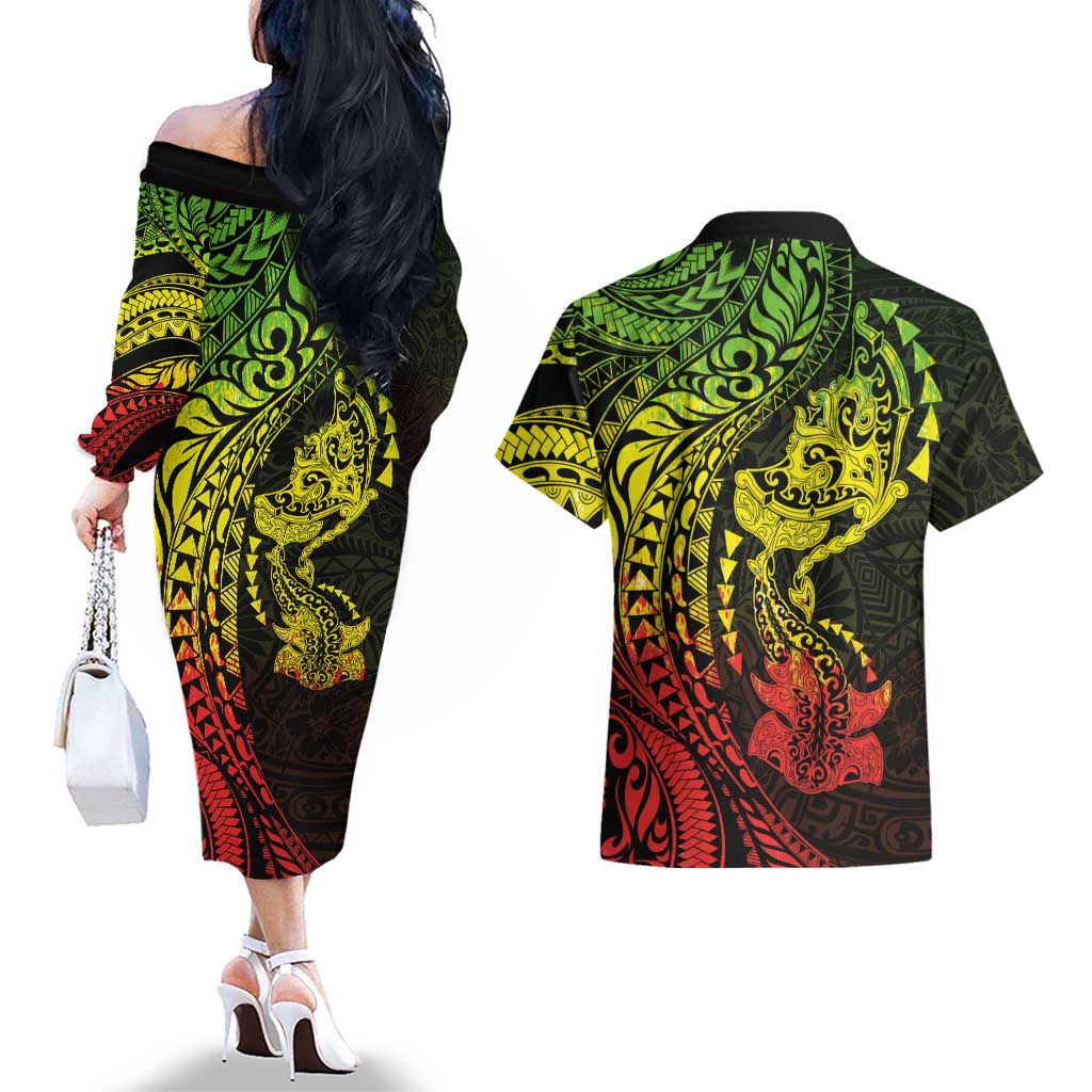 Hawaiian Manta Ray and Hammerhead Shark Tribal Tattoo Couples Matching Off The Shoulder Long Sleeve Dress and Hawaiian Shirt with Polynesian Tribal Pattern Reggae Style