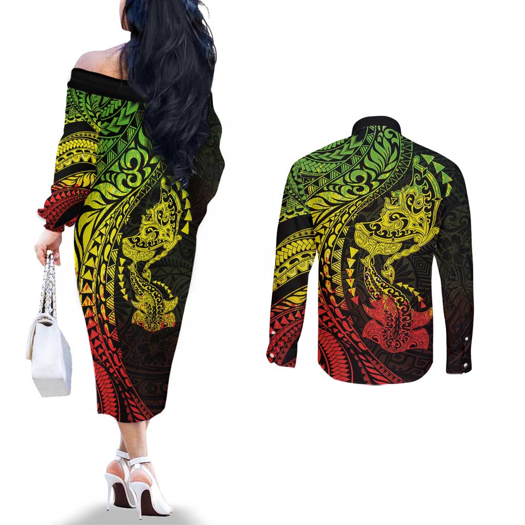 Hawaiian Manta Ray and Hammerhead Shark Tribal Tattoo Couples Matching Off The Shoulder Long Sleeve Dress and Long Sleeve Button Shirt with Polynesian Tribal Pattern Reggae Style