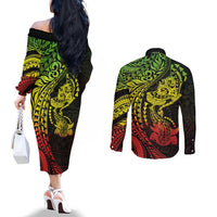 Hawaiian Manta Ray and Hammerhead Shark Tribal Tattoo Couples Matching Off The Shoulder Long Sleeve Dress and Long Sleeve Button Shirt with Polynesian Tribal Pattern Reggae Style