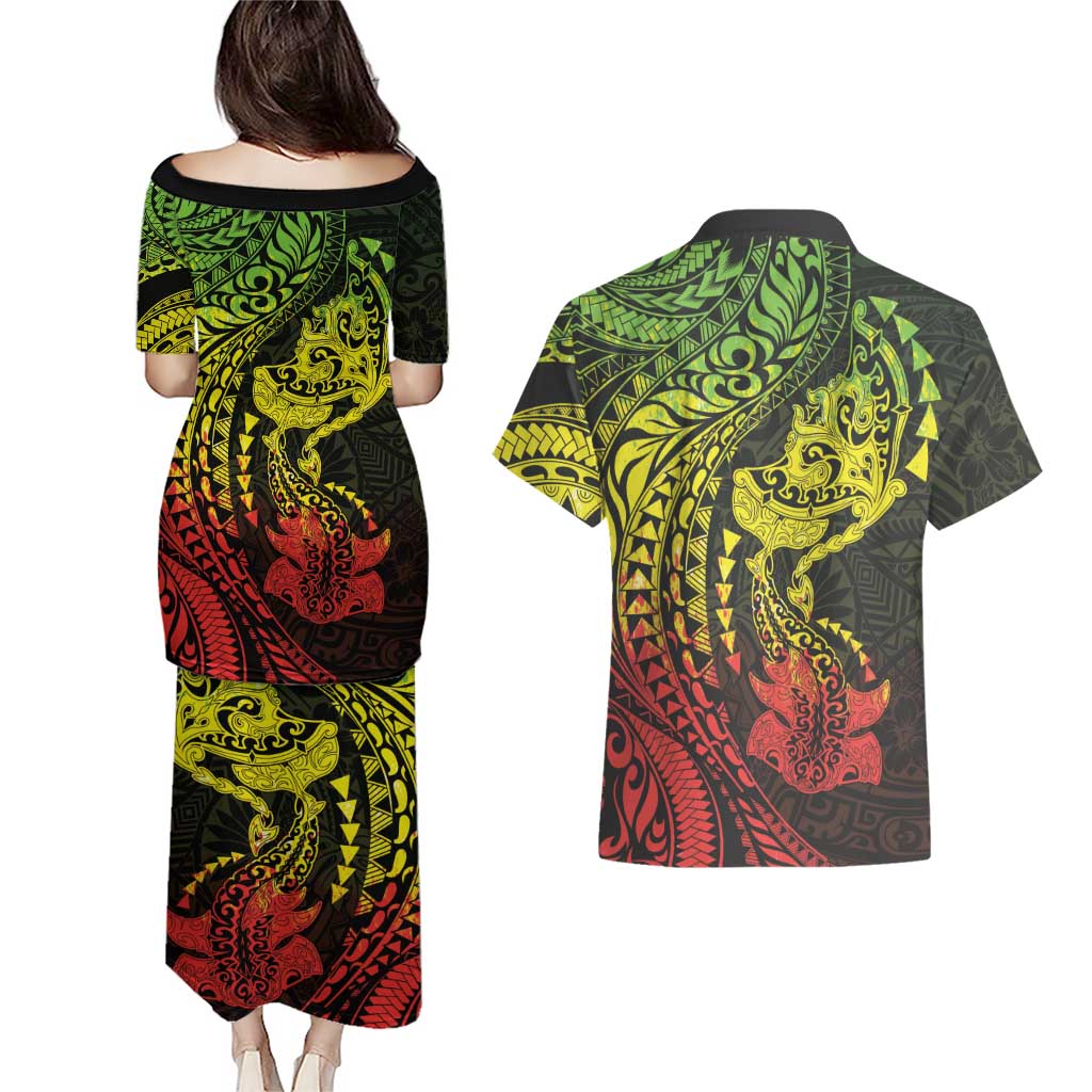 Hawaiian Manta Ray and Hammerhead Shark Tribal Tattoo Couples Matching Puletasi and Hawaiian Shirt with Polynesian Tribal Pattern Reggae Style