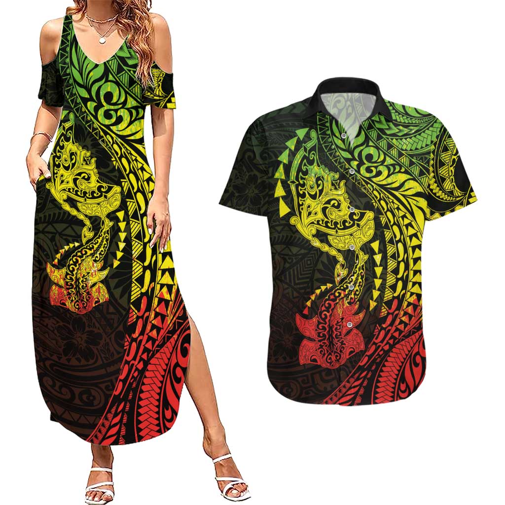 Hawaiian Manta Ray and Hammerhead Shark Tribal Tattoo Couples Matching Summer Maxi Dress and Hawaiian Shirt with Polynesian Tribal Pattern Reggae Style