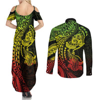 Hawaiian Manta Ray and Hammerhead Shark Tribal Tattoo Couples Matching Summer Maxi Dress and Long Sleeve Button Shirt with Polynesian Tribal Pattern Reggae Style