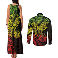 Hawaiian Manta Ray and Hammerhead Shark Tribal Tattoo Couples Matching Tank Maxi Dress and Long Sleeve Button Shirt with Polynesian Tribal Pattern Reggae Style