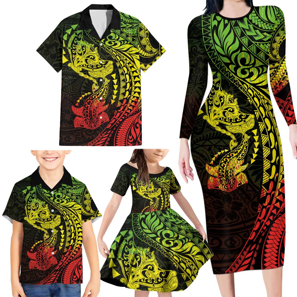 Hawaiian Manta Ray and Hammerhead Shark Tribal Tattoo Family Matching Long Sleeve Bodycon Dress and Hawaiian Shirt with Polynesian Tribal Pattern Reggae Style
