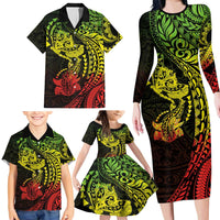 Hawaiian Manta Ray and Hammerhead Shark Tribal Tattoo Family Matching Long Sleeve Bodycon Dress and Hawaiian Shirt with Polynesian Tribal Pattern Reggae Style