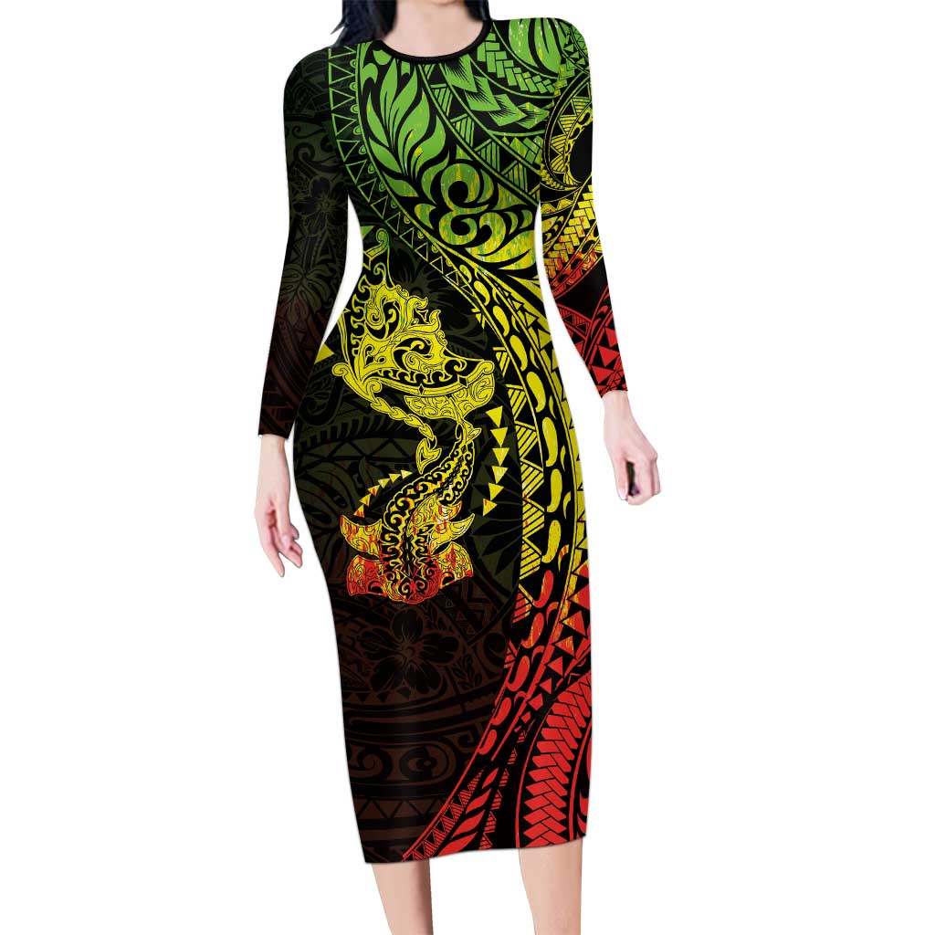 Hawaiian Manta Ray and Hammerhead Shark Tribal Tattoo Family Matching Long Sleeve Bodycon Dress and Hawaiian Shirt with Polynesian Tribal Pattern Reggae Style