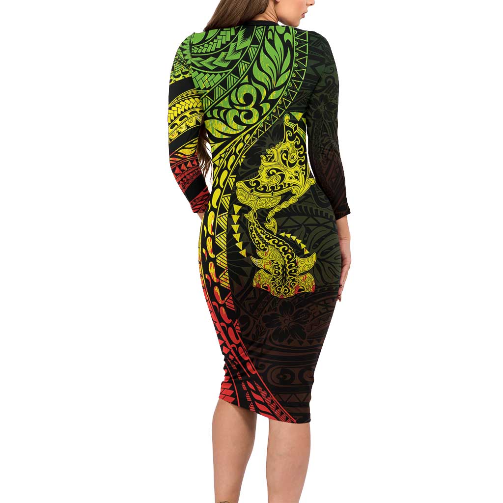 Hawaiian Manta Ray and Hammerhead Shark Tribal Tattoo Family Matching Long Sleeve Bodycon Dress and Hawaiian Shirt with Polynesian Tribal Pattern Reggae Style