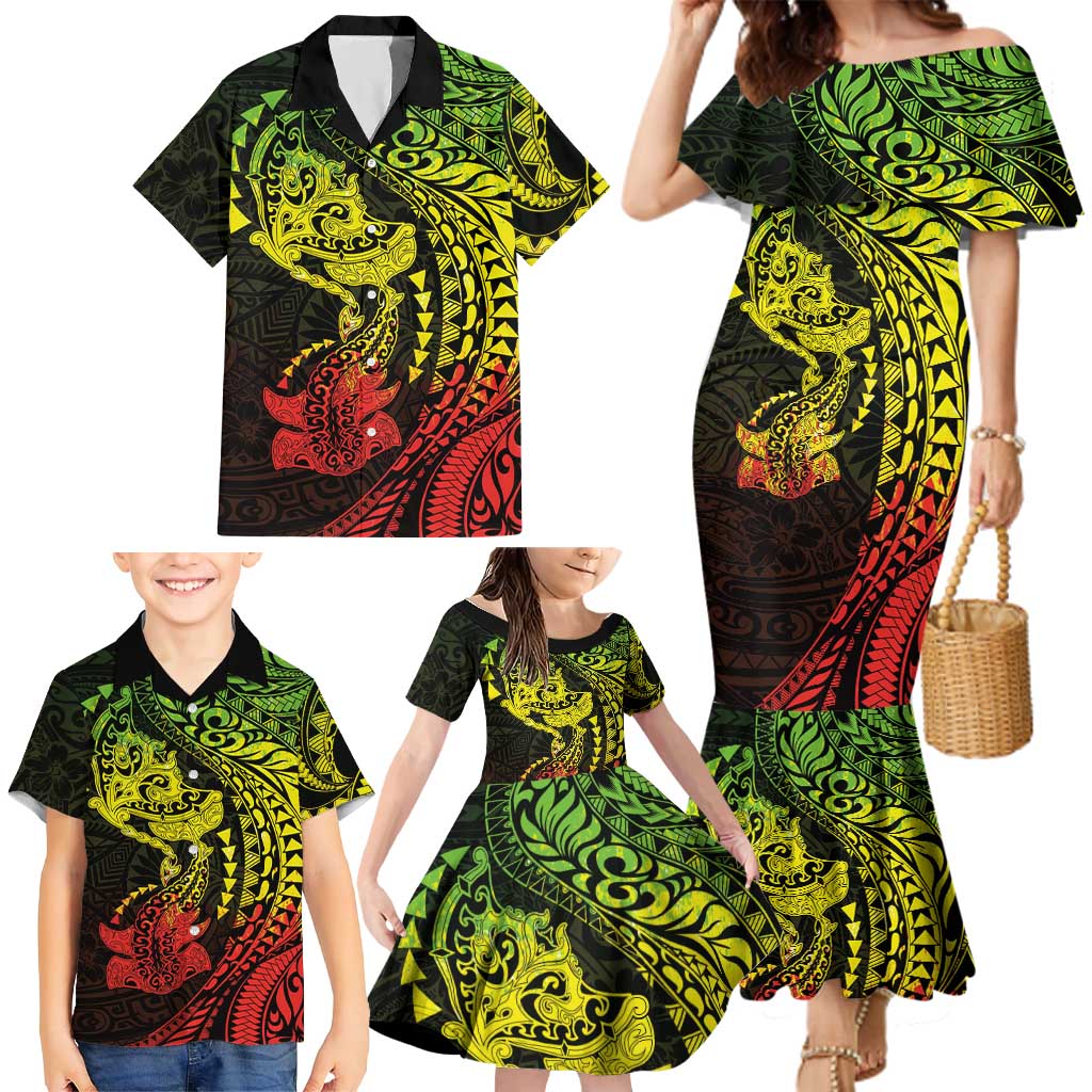 Hawaiian Manta Ray and Hammerhead Shark Tribal Tattoo Family Matching Mermaid Dress and Hawaiian Shirt with Polynesian Tribal Pattern Reggae Style