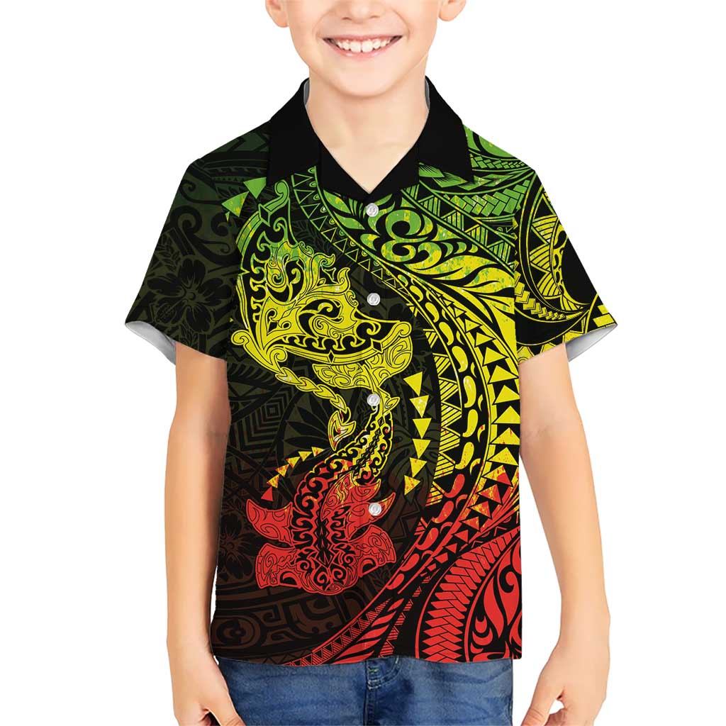 Hawaiian Manta Ray and Hammerhead Shark Tribal Tattoo Family Matching Mermaid Dress and Hawaiian Shirt with Polynesian Tribal Pattern Reggae Style