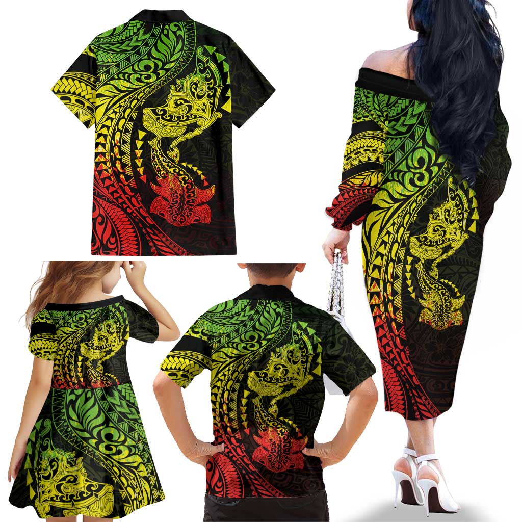 Hawaiian Manta Ray and Hammerhead Shark Tribal Tattoo Family Matching Off The Shoulder Long Sleeve Dress and Hawaiian Shirt with Polynesian Tribal Pattern Reggae Style