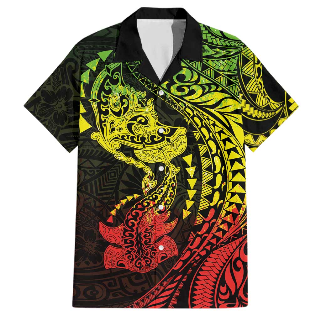 Hawaiian Manta Ray and Hammerhead Shark Tribal Tattoo Family Matching Off The Shoulder Long Sleeve Dress and Hawaiian Shirt with Polynesian Tribal Pattern Reggae Style