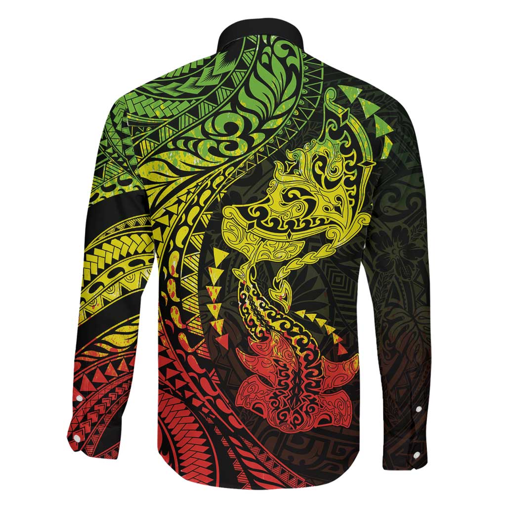 Hawaiian Manta Ray and Hammerhead Shark Tribal Tattoo Family Matching Off The Shoulder Long Sleeve Dress and Hawaiian Shirt with Polynesian Tribal Pattern Reggae Style