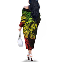 Hawaiian Manta Ray and Hammerhead Shark Tribal Tattoo Family Matching Off The Shoulder Long Sleeve Dress and Hawaiian Shirt with Polynesian Tribal Pattern Reggae Style