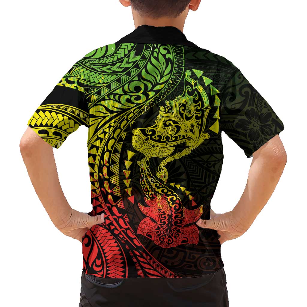 Hawaiian Manta Ray and Hammerhead Shark Tribal Tattoo Family Matching Off Shoulder Maxi Dress and Hawaiian Shirt with Polynesian Tribal Pattern Reggae Style