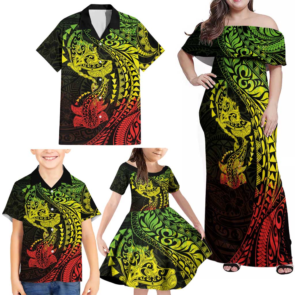 Hawaiian Manta Ray and Hammerhead Shark Tribal Tattoo Family Matching Off Shoulder Maxi Dress and Hawaiian Shirt with Polynesian Tribal Pattern Reggae Style