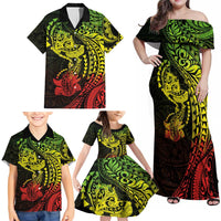 Hawaiian Manta Ray and Hammerhead Shark Tribal Tattoo Family Matching Off Shoulder Maxi Dress and Hawaiian Shirt with Polynesian Tribal Pattern Reggae Style