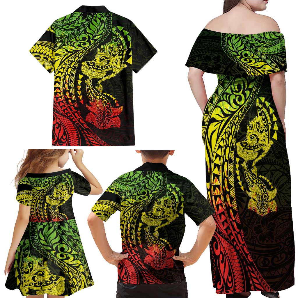 Hawaiian Manta Ray and Hammerhead Shark Tribal Tattoo Family Matching Off Shoulder Maxi Dress and Hawaiian Shirt with Polynesian Tribal Pattern Reggae Style