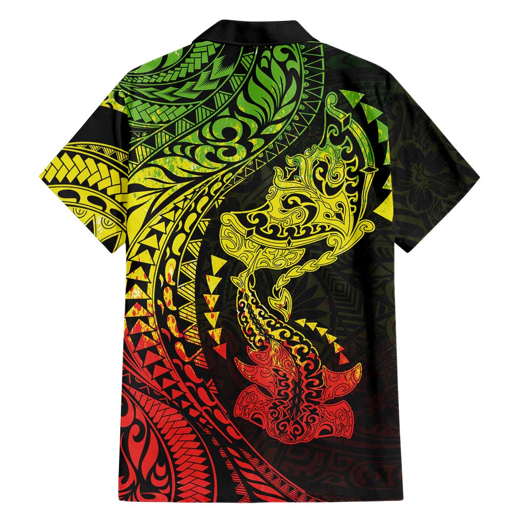 Hawaiian Manta Ray and Hammerhead Shark Tribal Tattoo Family Matching Off Shoulder Maxi Dress and Hawaiian Shirt with Polynesian Tribal Pattern Reggae Style