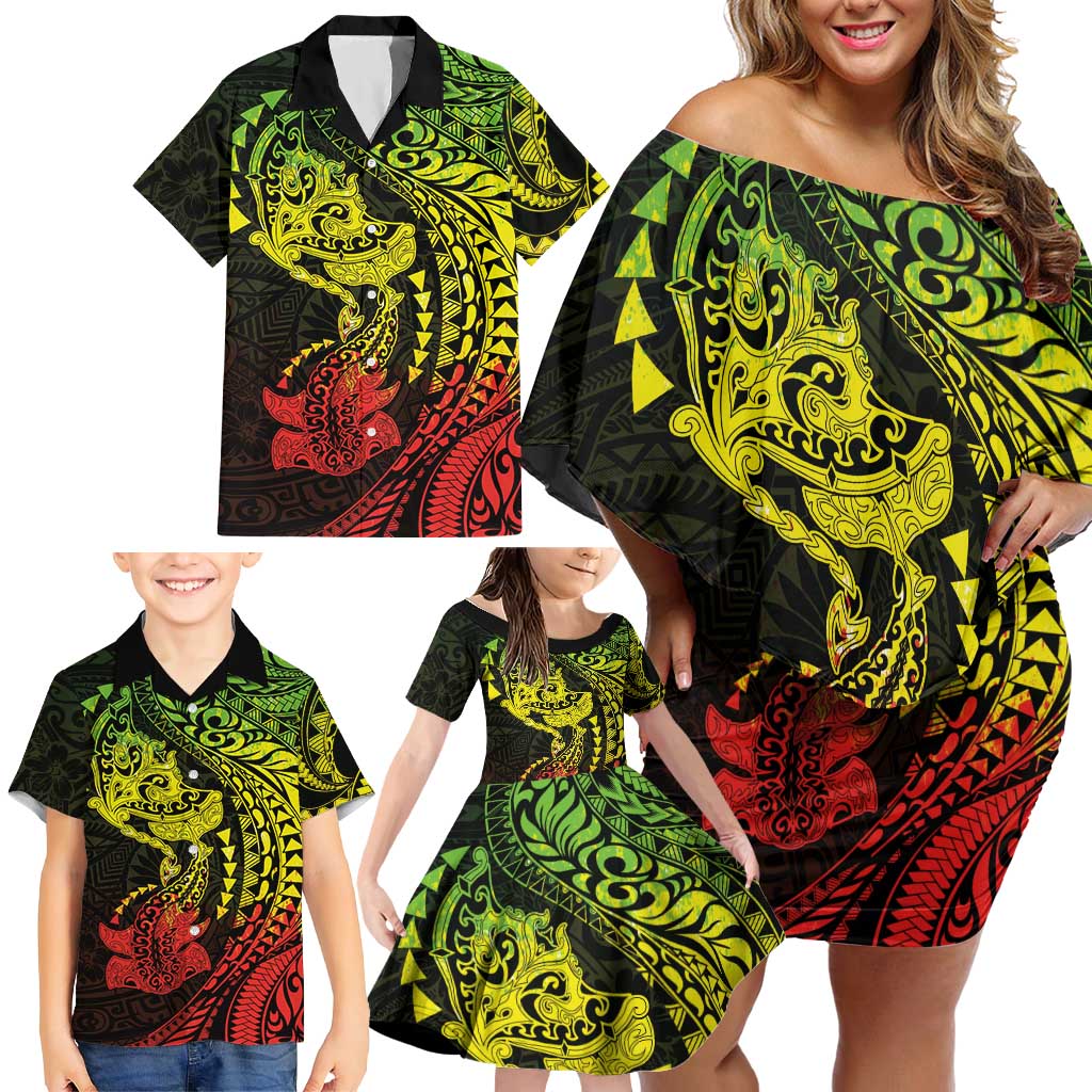 Hawaiian Manta Ray and Hammerhead Shark Tribal Tattoo Family Matching Off Shoulder Short Dress and Hawaiian Shirt with Polynesian Tribal Pattern Reggae Style