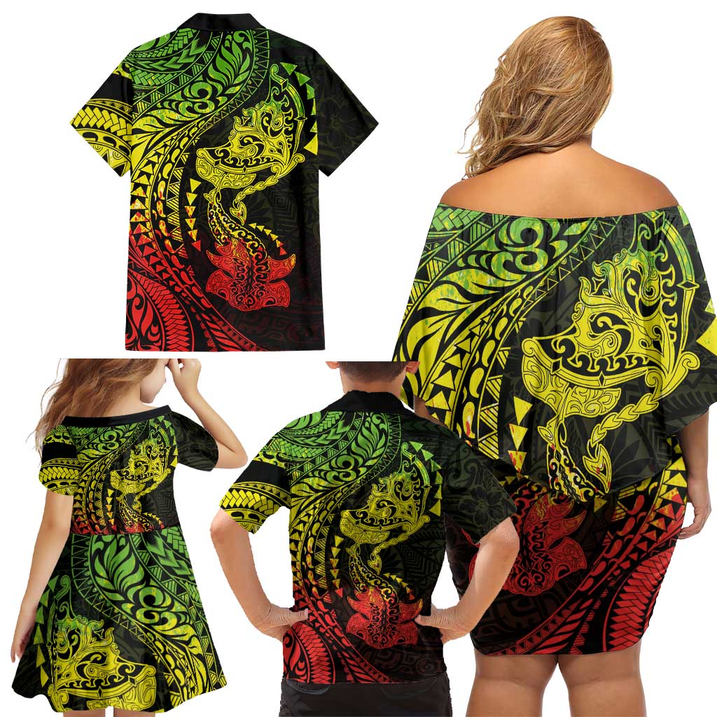 Hawaiian Manta Ray and Hammerhead Shark Tribal Tattoo Family Matching Off Shoulder Short Dress and Hawaiian Shirt with Polynesian Tribal Pattern Reggae Style