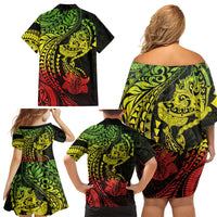 Hawaiian Manta Ray and Hammerhead Shark Tribal Tattoo Family Matching Off Shoulder Short Dress and Hawaiian Shirt with Polynesian Tribal Pattern Reggae Style