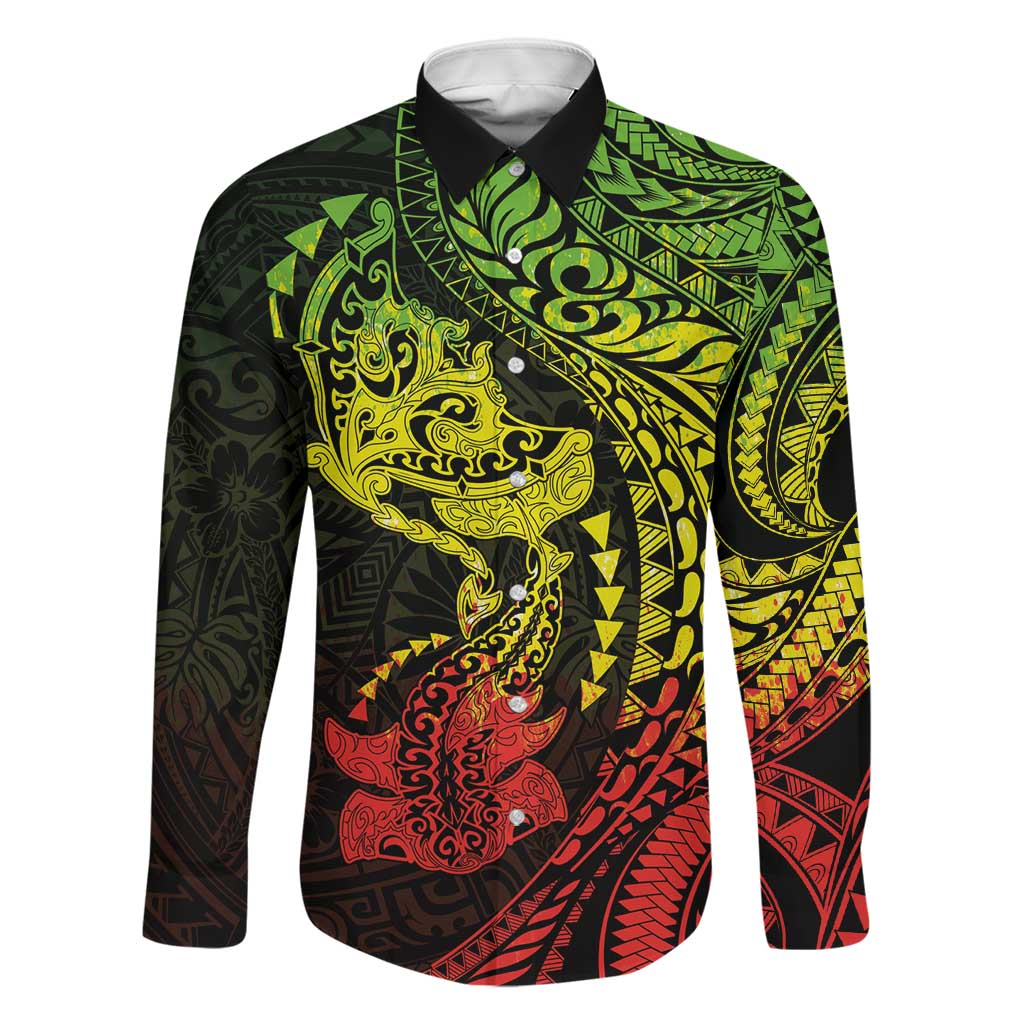 Hawaiian Manta Ray and Hammerhead Shark Tribal Tattoo Family Matching Off Shoulder Short Dress and Hawaiian Shirt with Polynesian Tribal Pattern Reggae Style